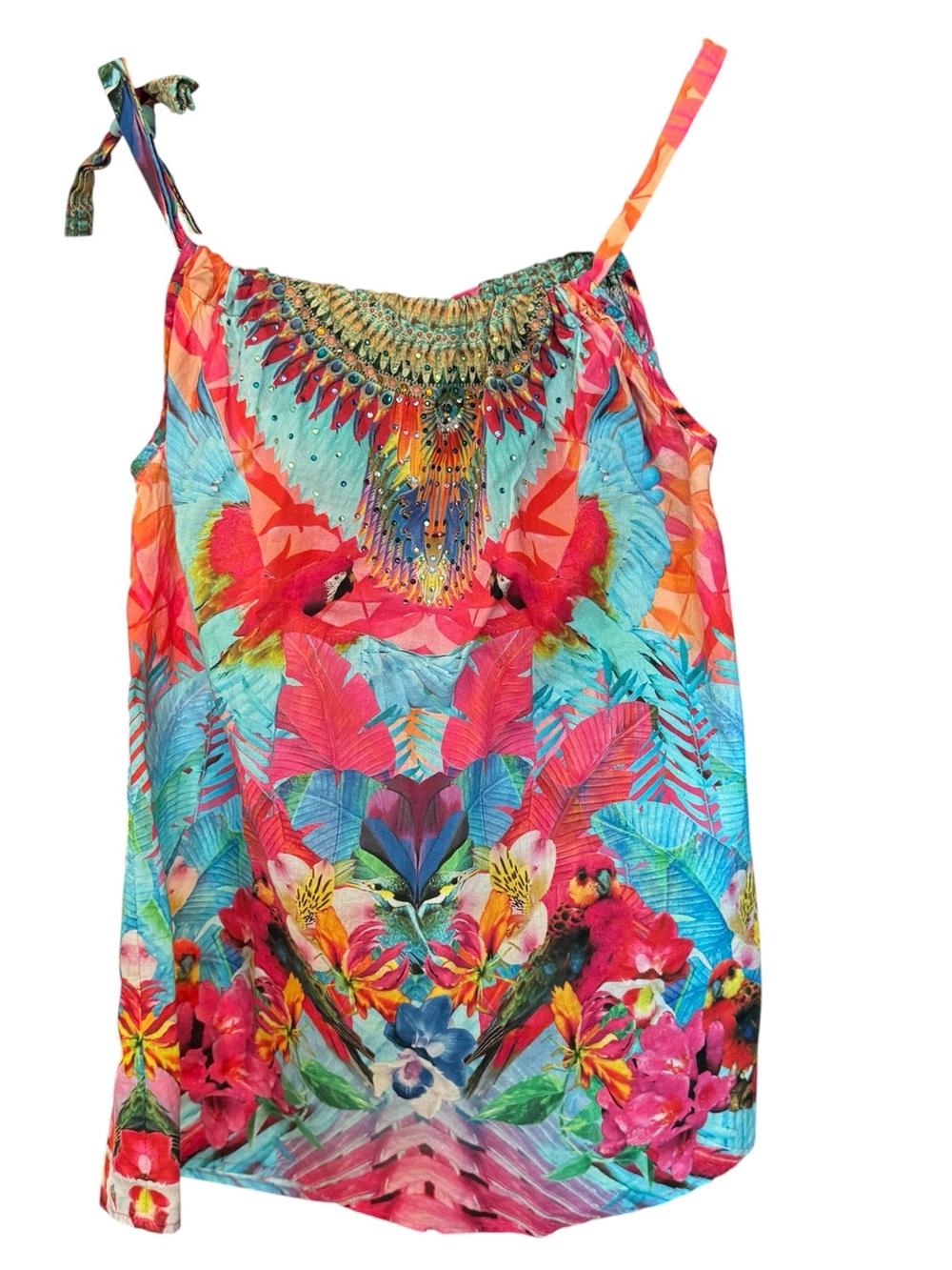 Camilla Australia Tropical Parrot Print Tie-Shoulder Cotton Top Blouse Sz 4